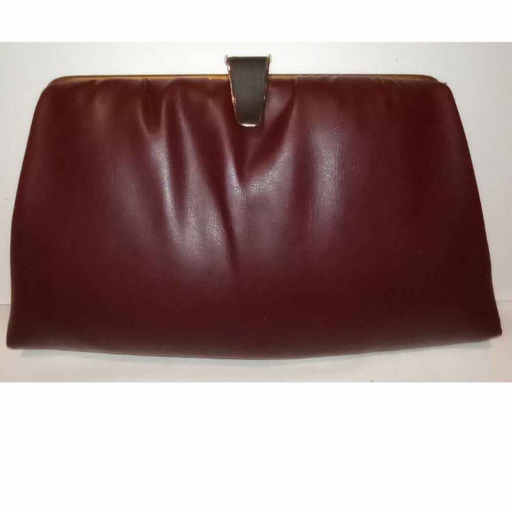 Vintage 1960's Ande Burgundy Leather Clutch Handbag Hinged Clasp w/ Chain Strap